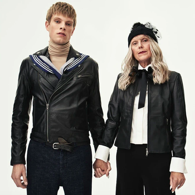 Male and female models wearing leather jackets from Better World Fashion with pants, beige turtleneck and a white shirt