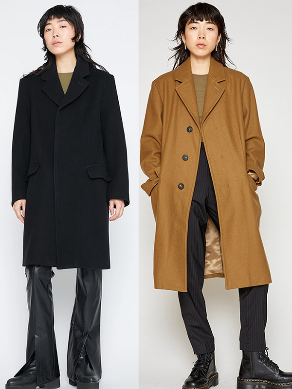 A camel colour coat and a black version from sustainable brand HUND HUND
