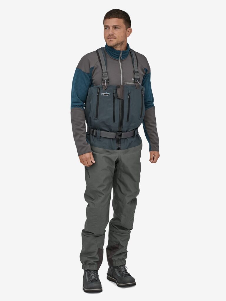 Male model wearing a full fishing outfit from Patagonia 