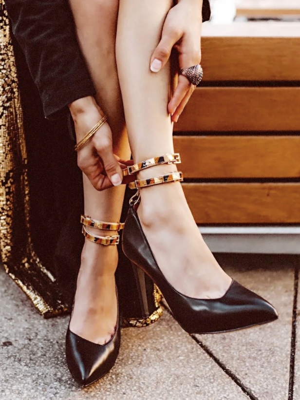 Black pointed toe heels with stud straps from sustainable brand Veerah
