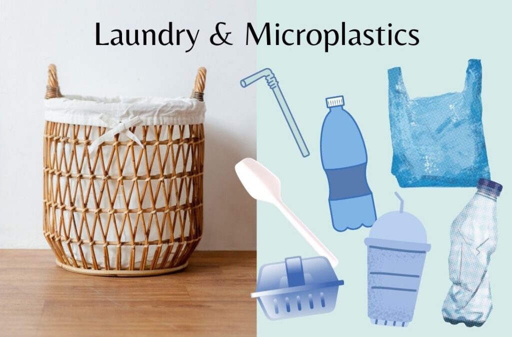 Thumbnail for article 'Your Laundry Is Polluting Your Drinking Water: An Introduction To Microplastics'. A straw laundry basket and plastic packaging. Text: laundry & microplastics