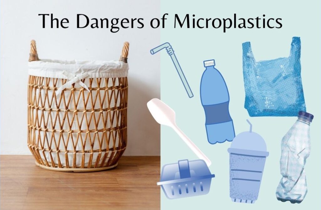 Thumbnail for article 'What Are Microplastics Doing To The Planet, People And Animals?'. A straw laundry basket and plastic packaging. Text: the dangers of microplastics