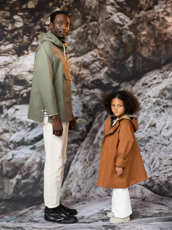 Male model and a kid model wearing waterproof outerwear from sustainable brand Fairechild
