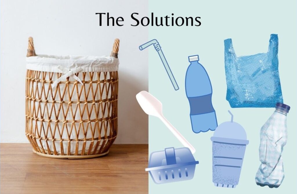 Thumbnail for article 'How To Reduce Microplastic Pollution From Our Clothes'. A straw laundry basket and plastic packaging. Text: the solutions