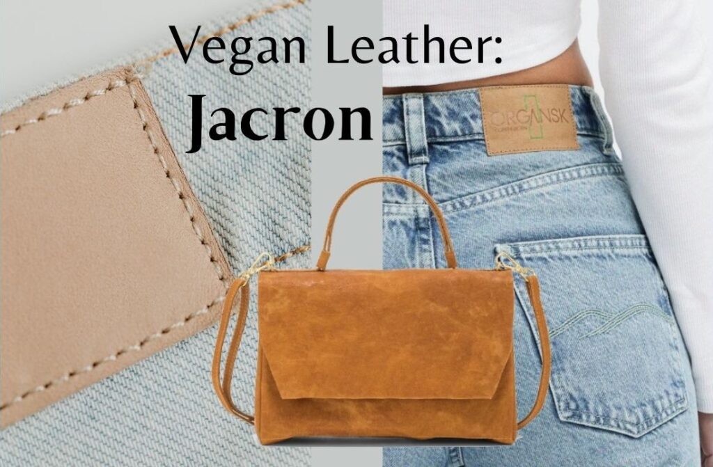 Thumbnail for article 'Washable Paper: Is It Sustainable Or Just Greenwashing?'. Light blue jeans with a patch on the back, and a bag made from washable paper. Text: Vegan Leather - Jacron