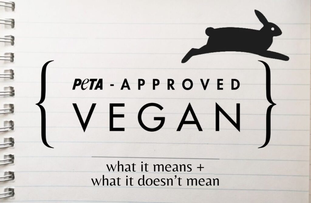 Thumbnail for article 'What Is The "PETA-Approved Vegan" Certification in Sustainable Fashion?' Lined paper with the PETA-Approved Vegan logo and the text: what it means + what it doesn't mean