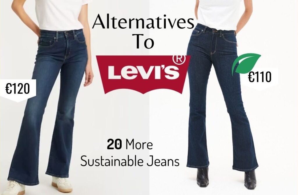 Thumbnail for the article 'The 20 Best Sustainable Alternatives To Levi's Jeans'. Dark blue flared jeans from Levi's and a sustainable version. Text: alternatives to Levi's. 20 more sustainable jeans