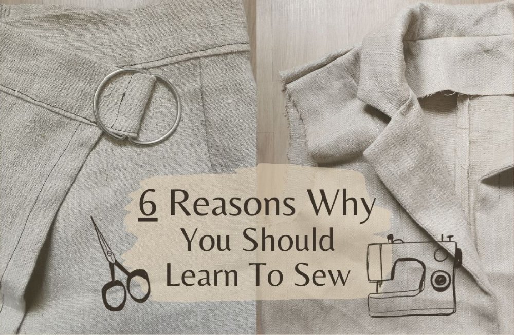 Thumbnail for the article '6 Reasons Why Sewing Can Be A Sustainable Hobby'. Picture of a home-made skirt and an unfinished blazer, both in beige coloured fabrics. Text: 6 reasons why you should learn to sew. Two small graphics of scissors and a sewing machine.
