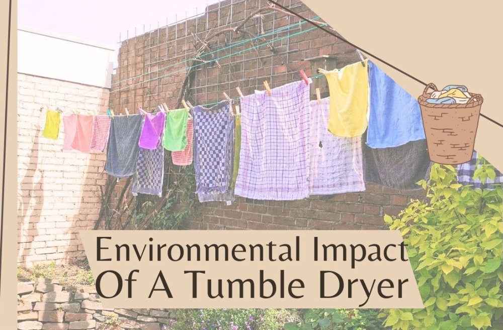 Thumbnail for article 'This Is Why Air Drying Is Better Than Tumble Drying'. Picture of towels drying outside on a line + the text: Environmental impact of a tumble dryer