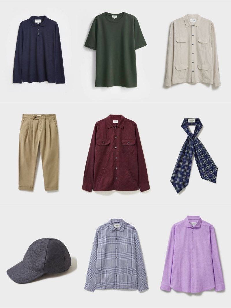 9 selected items from british sustainable menswear brand Neem (shirts, trousers, ties, hats, jackets & T-shirts)