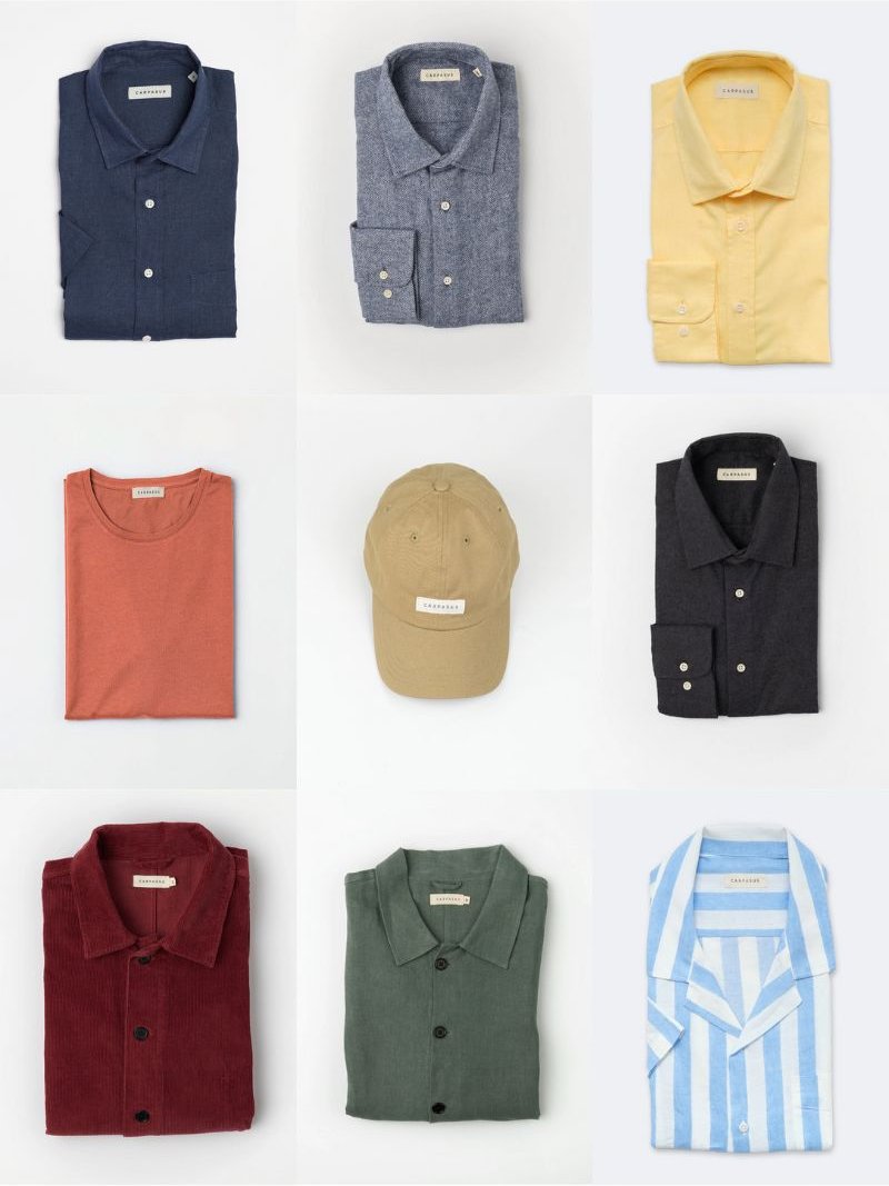 9 items from sustainable menswear Swiss brand CARPASUS (shirts & hats)